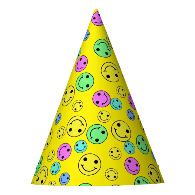 Smiling Emoji Faces II Yellow Party Hat (Front)