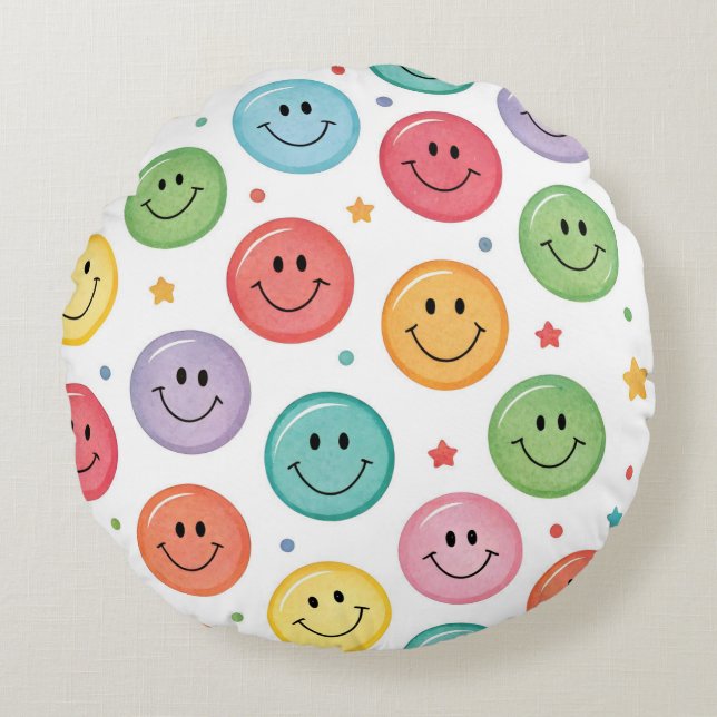 Smiling Emoji Pattern Round Cushion (Front)