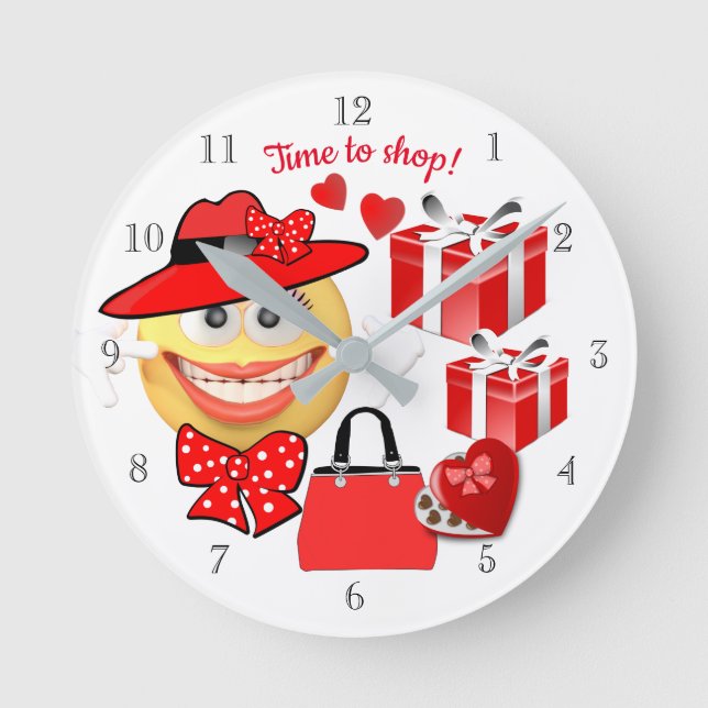 Smiling Emoji with Shopping, Time to Shop Round Cl Clock (Front)