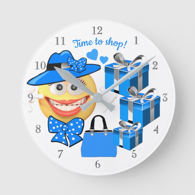 Smiling Emoji with Shopping, Time to Shop Round Clock (Front)