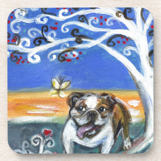 smiling English Bulldog butterfly tree painting Coaster