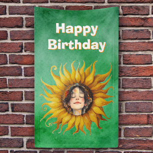 Smiling Face of Girl in Happy Birthday Sunflower Banner
