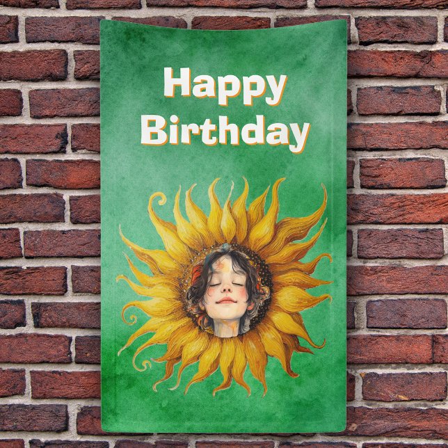 Smiling Face of Girl in Happy Birthday Sunflower Banner (Girls face in big fancy sunflower on shades of green Happy Birthday party backdrop banner.)