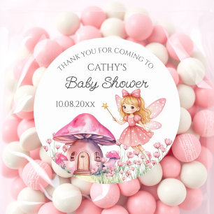 Smiling Fairy and Pink Mushrooms Baby Shower  Classic Round Sticker