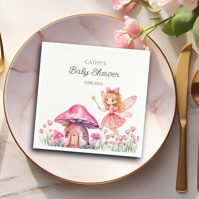 Smiling Fairy and Pink Mushrooms Baby Shower Napkin (Creator Uploaded)
