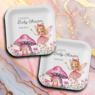 Smiling Fairy and Pink Mushrooms Baby Shower Paper Plate