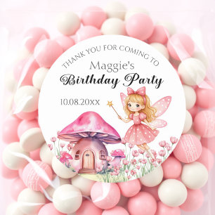 Smiling Fairy and Pink Mushrooms Birthday Party Classic Round Sticker