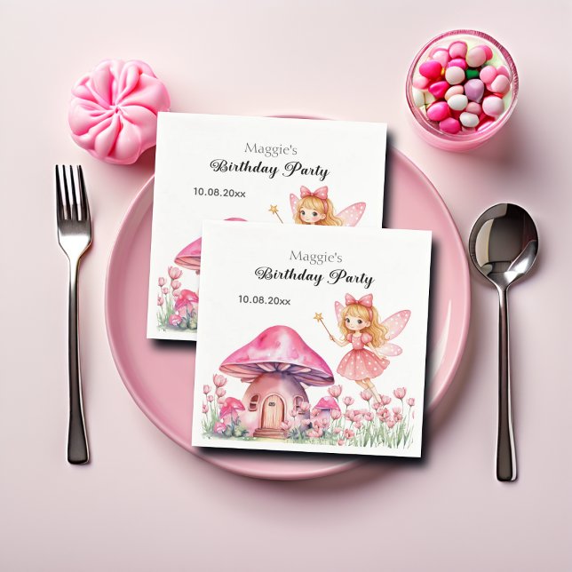Smiling Fairy and Pink Mushrooms Birthday Party Napkin (Creator Uploaded)