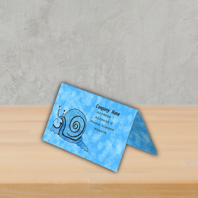 Smiling Fantasy Snail Abstract Blue Pattern Shell Business Card (Cute blue cartoon snail white eyes on marbled background in shades of blue standing business card.)