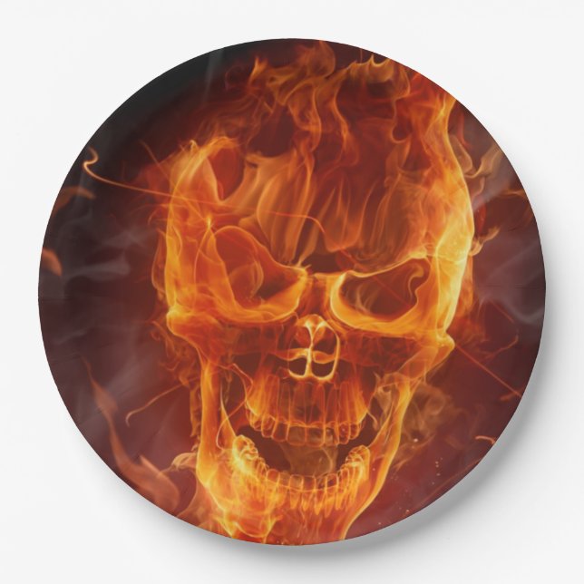 Smiling Flaming Skull Halloween Paper Plate (Front)