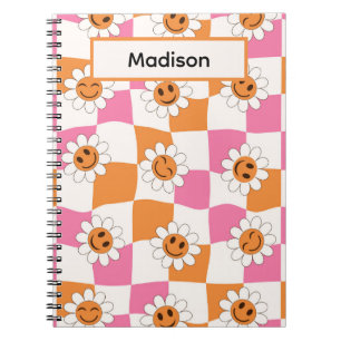 Smiling flowers on warped checkerboards custom notebook
