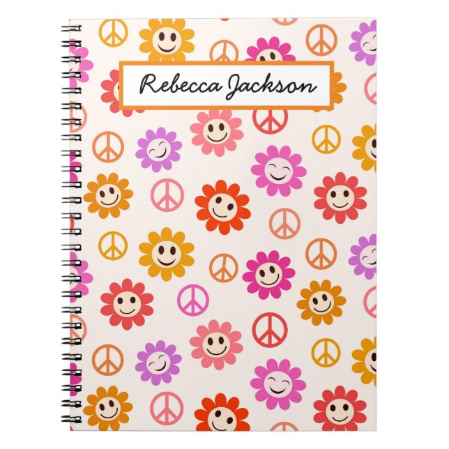 Smiling Flowers pattern with peace signs Girls  Notebook (Front)