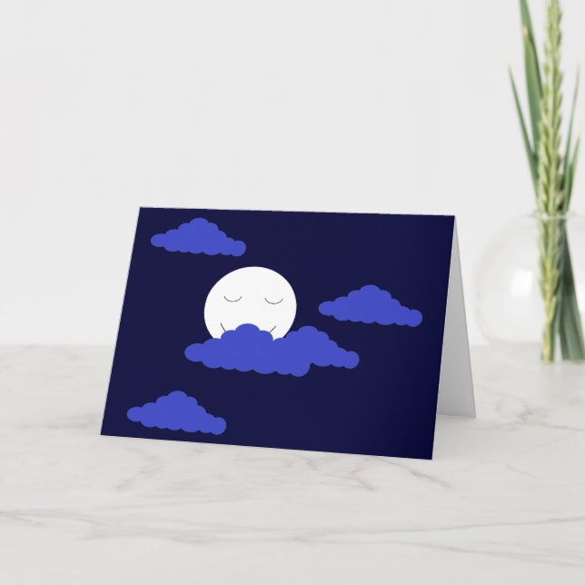 Smiling Full Moon with Clouds: Dark Blue Blank Card (Front)