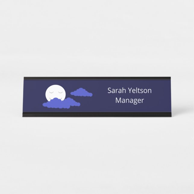 Smiling Full Moon with Clouds: Dark Blue Desk Name Plate (Front)
