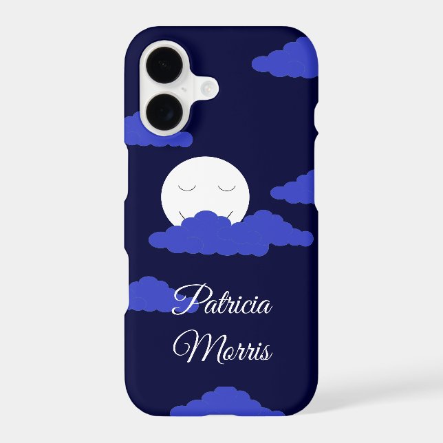 Smiling Full Moon with Clouds: Dark Blue iPhone Case (Back)