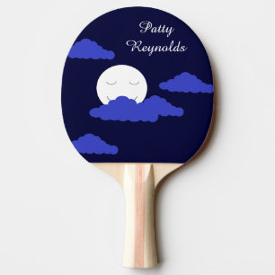 Smiling Full Moon with Clouds: Dark Blue Ping Pong Paddle