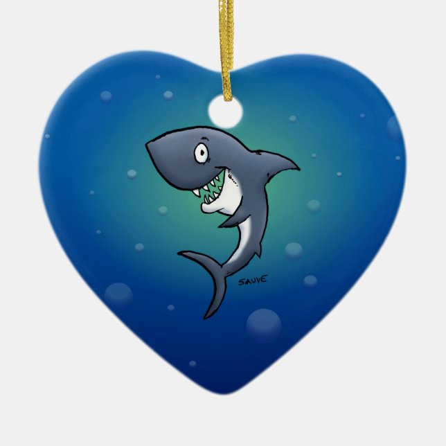 Smiling Funny Shark on Blue Background Ceramic Tree Decoration (Front)