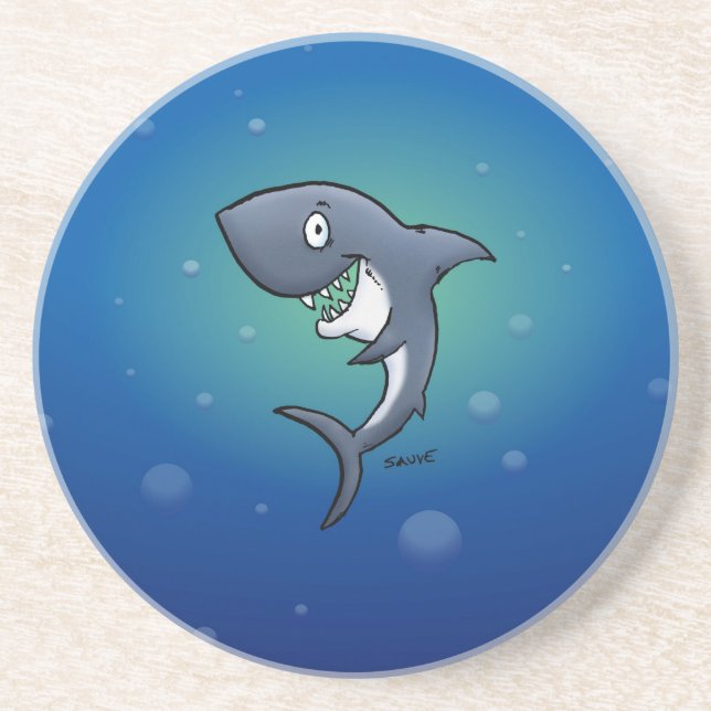Smiling Funny Shark on Blue Background Coaster (Front)
