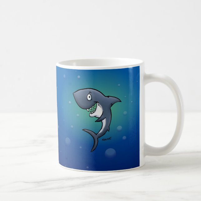 Smiling Funny Shark on Blue Background Coffee Mug (Right)