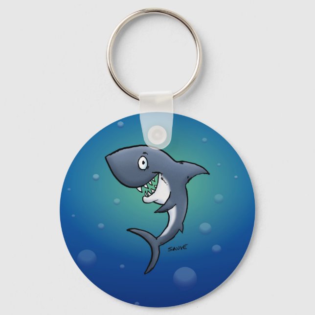 Smiling Funny Shark on Blue Background Key Ring (Front)