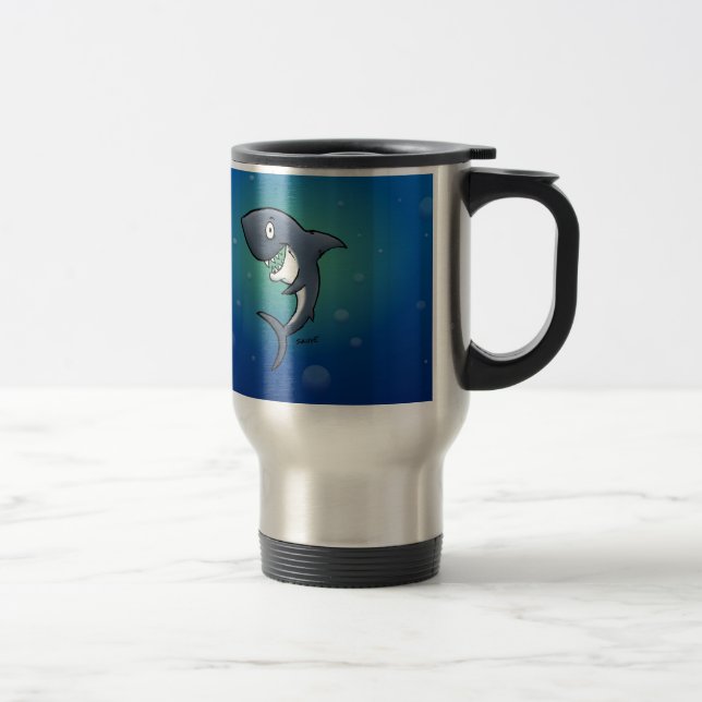 Smiling Funny Shark on Blue Background Travel Mug (Right)