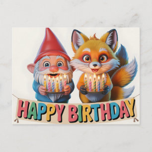 Smiling Garden Gnome and Fox Cub Birthday Holiday Postcard