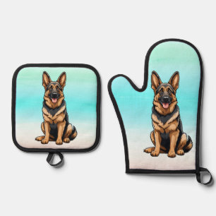 Smiling German Shepherd Dog Oven Mitt & Pot Holder Set