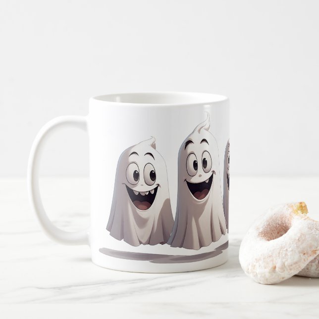 Smiling Ghost Trio Together For Halloween Fun 🍬 Coffee Mug (With Donut)