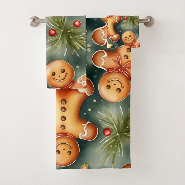 Smiling ginger breadman Christmas Pattern  Bath Towel Set (Insitu)