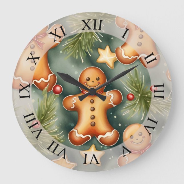 Smiling ginger breadman Christmas Pattern  Large Clock (Front)