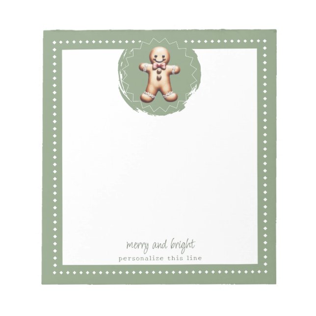 Smiling Gingerbread Man Personalised | Green Notepad (Front)