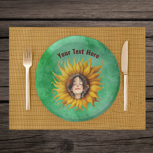 Smiling Girl Brown Hair in Big Sunflower on Green Paper Plate