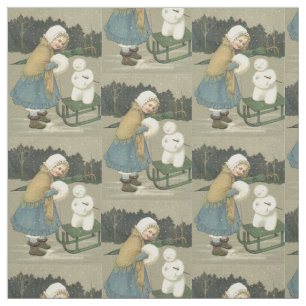 Smiling Girl Snowman Sleigh Snow Woods Fabric