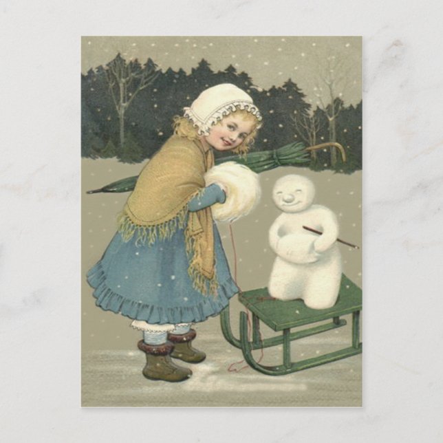 Smiling Girl Snowman Sleigh Snow Woods Postcard (Front)