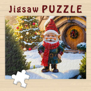 Smiling Gnome outdoors Christmas Tree and House Jigsaw Puzzle