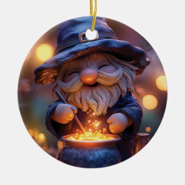 Smiling Gnome Stirring Magic Pot Ceramic Tree Decoration (Front)