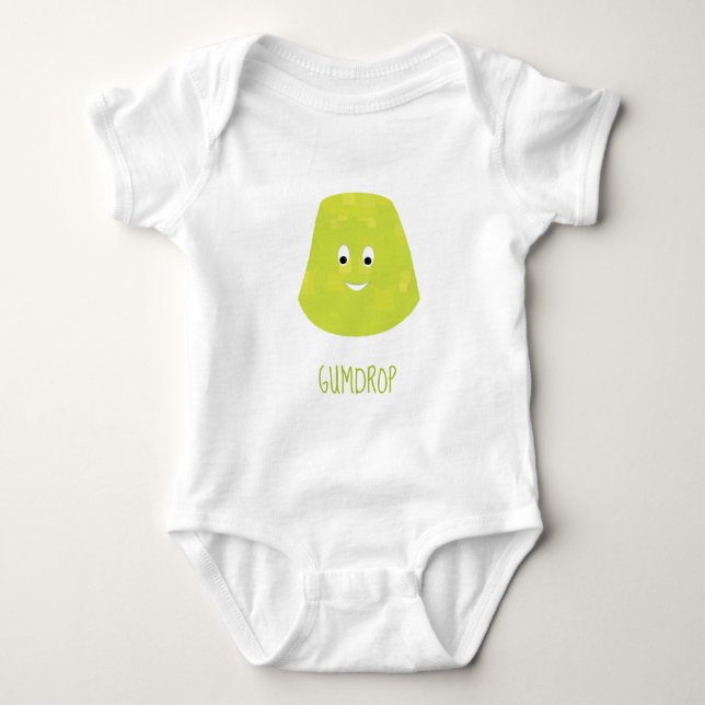 Smiling green gumdrop character word baby bodysuit (Front)