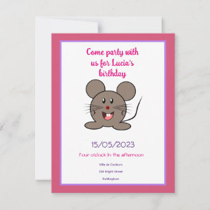 Smiling grey mouse birthday party invitation