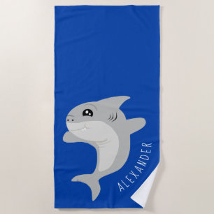 Smiling Grey Shark with Name Beach Towel