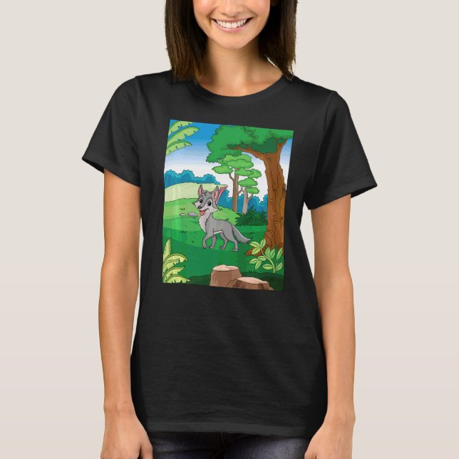 Smiling Grey Wolf Running Thru The Forest With Blu T-Shirt (Front)