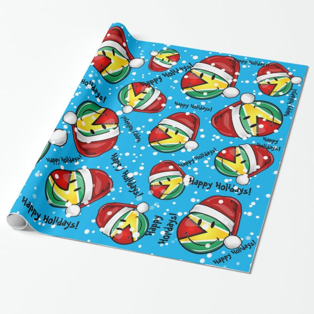 Smiling Guyana Flag Christmas Style Wrapping Paper (Unrolled)