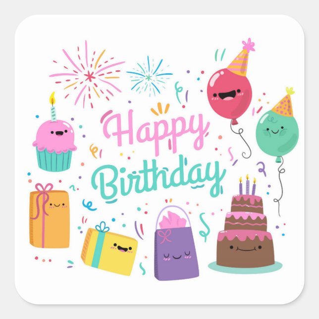 Smiling Happy Birthday Square Sticker (Front)
