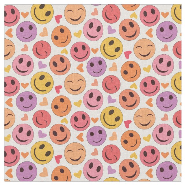 Smiling Happy faces with Colourful hearts Fabric (Close Up)