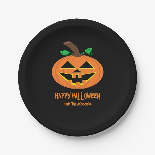 Smiling Happy Halloween Pumpkin Paper Plates (Front)