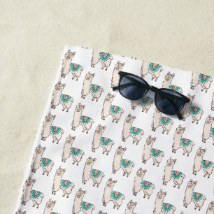 smiling happy llama alpaca cartoon animal drawing beach towel
