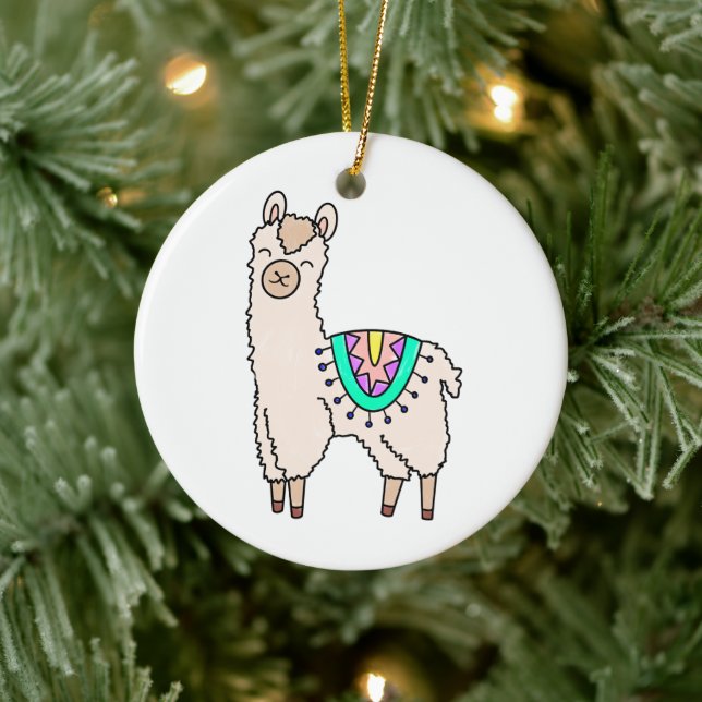 smiling happy llama alpaca cartoon animal drawing  ceramic tree decoration (Tree)