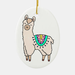 smiling happy llama alpaca cartoon animal drawing ceramic tree decoration