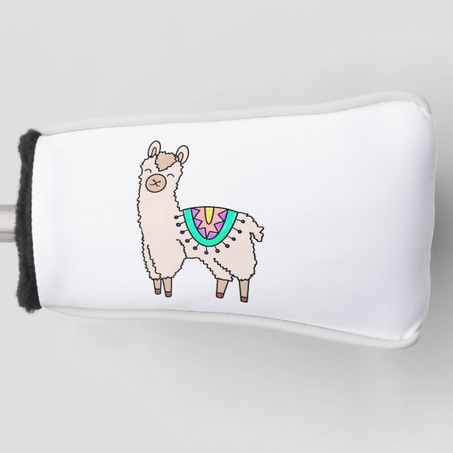 smiling happy llama alpaca cartoon animal drawing  golf head cover (Front)