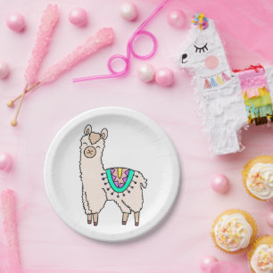 smiling happy llama alpaca cartoon animal drawing  paper plate