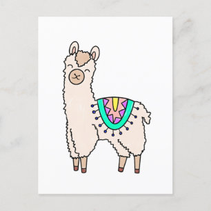 smiling happy llama alpaca cartoon animal drawing  postcard